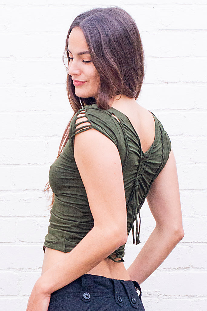 Natalia slit-weave top army green side