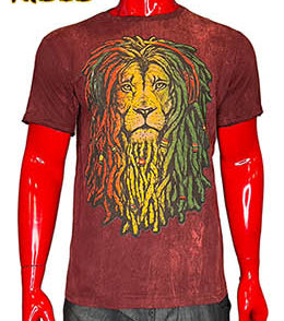 mannequin wearing a red stonewash t-shirt printed with a lion of judah with red gold and green dreadlocks cartoon graphic on the front