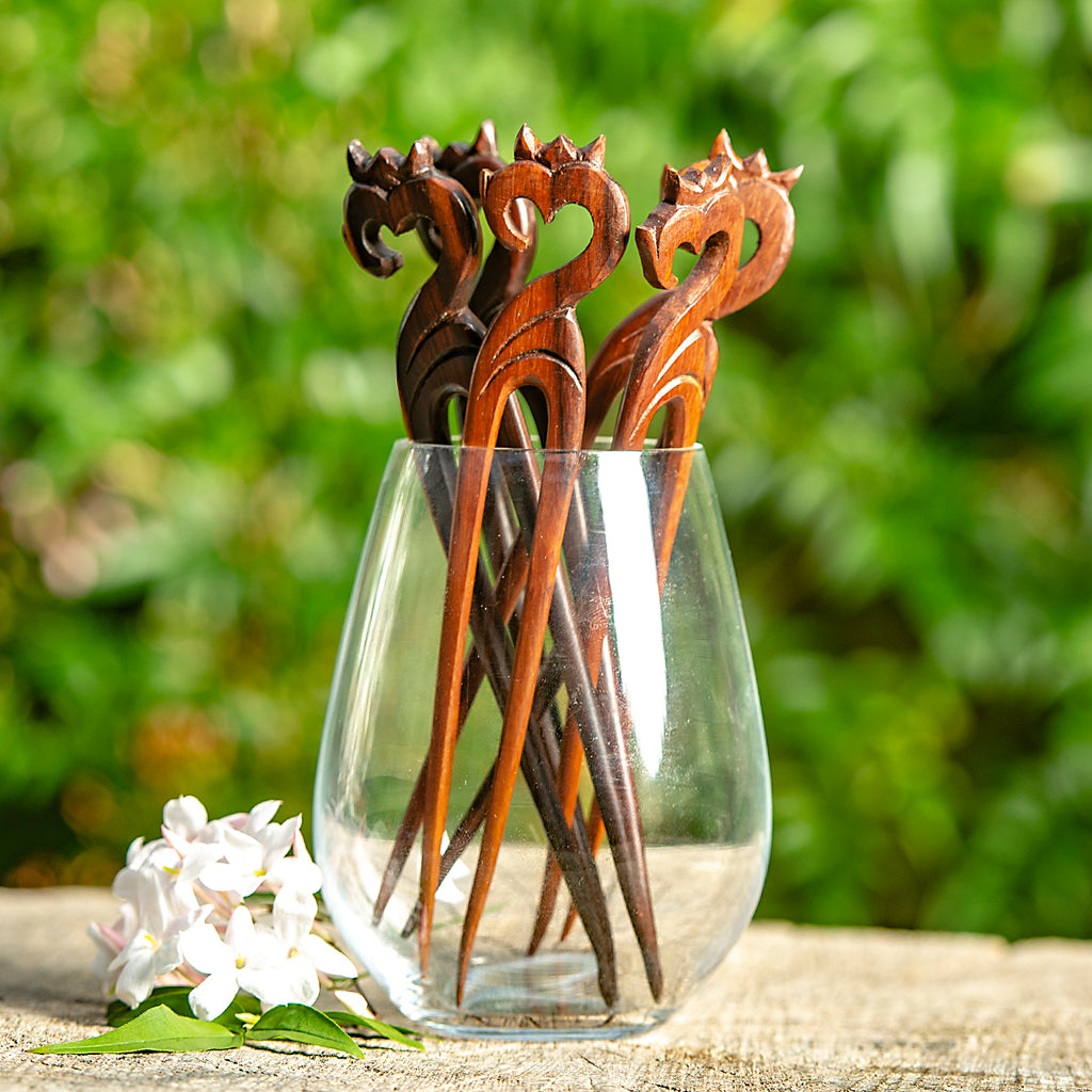 hand made wooden double prong hair stick with om symbol carved at end