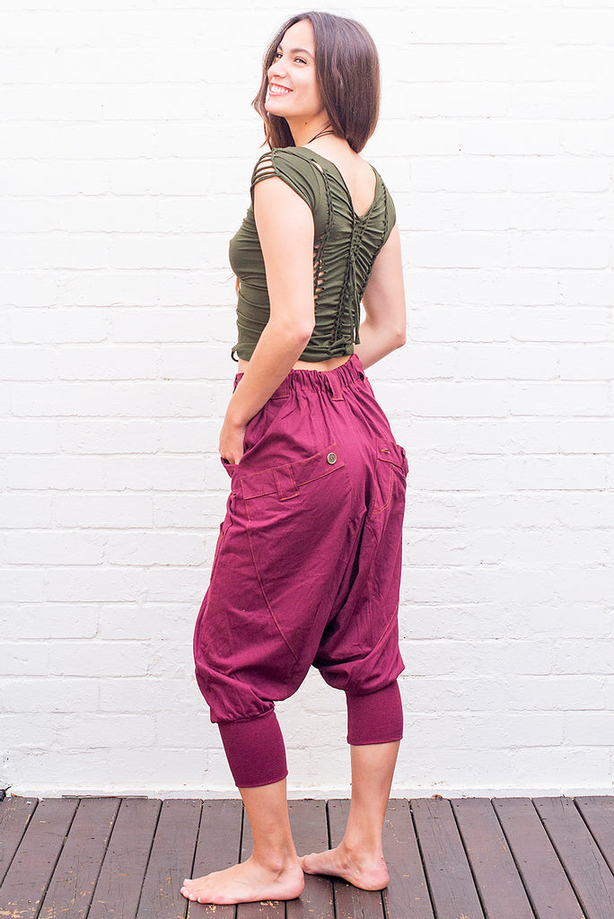 One button drop-crotch unisex pants maroon side