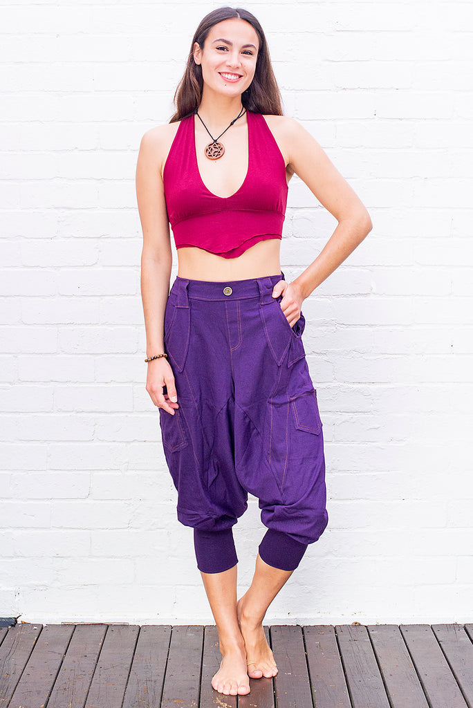 One button drop-crotch unisex pants purple front