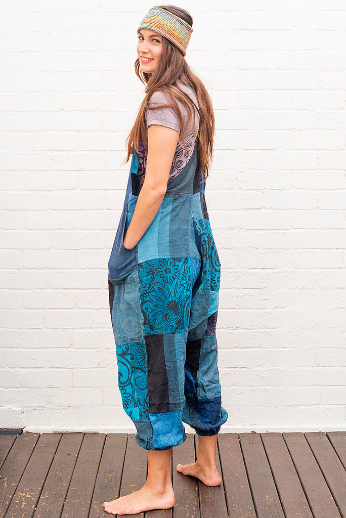 Patchwork Overalls in Blue Tones back hippie boho dungarees doof 