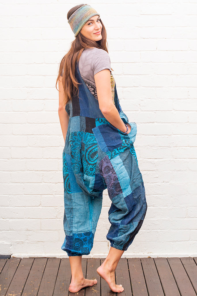 Patchwork Overalls in Blue Tones side hippie boho dungarees  doof 