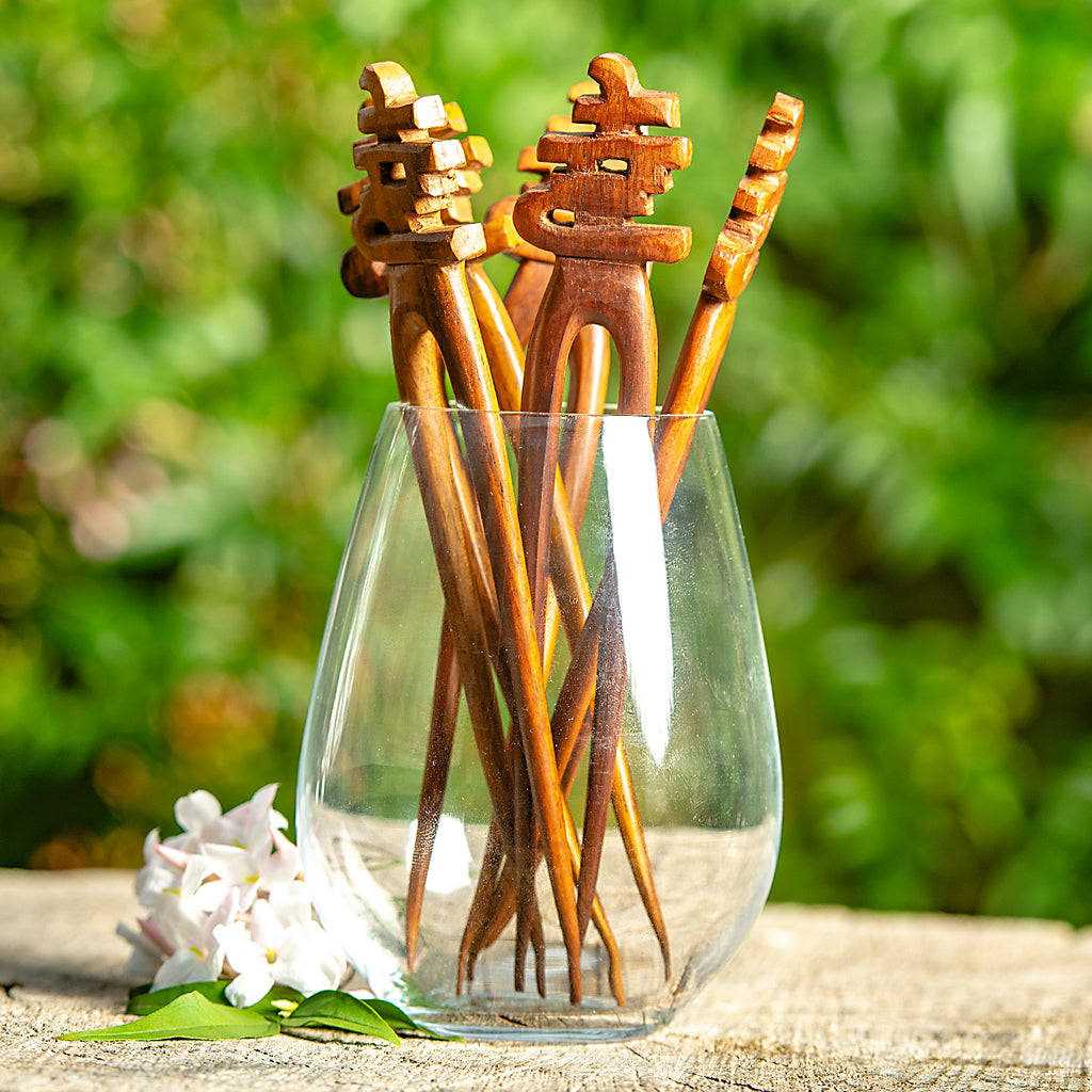 hand made wooden double prong hair stick with chinese happiness character carved at end