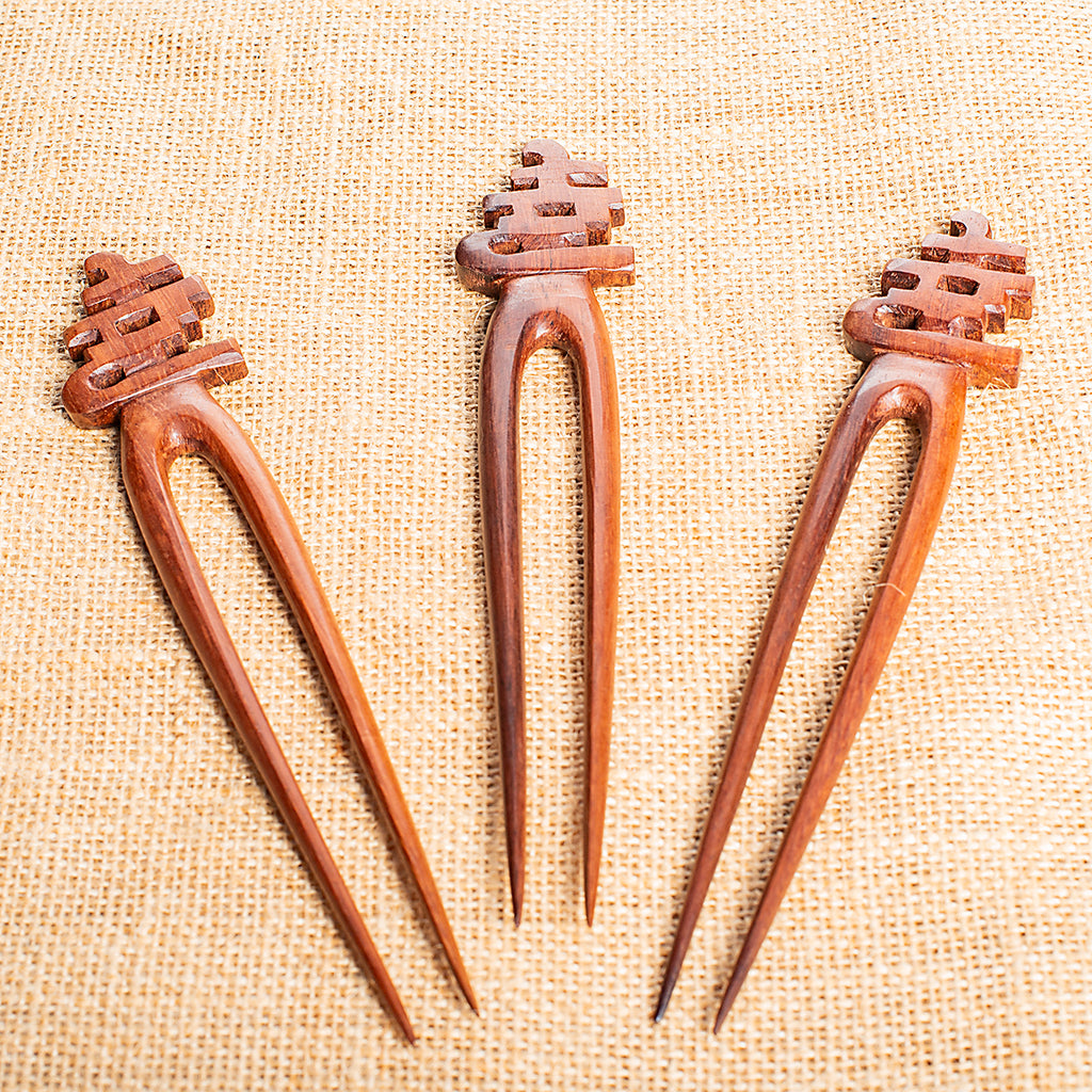 hand made wooden double prong hair stick with chinese happiness character carved at end