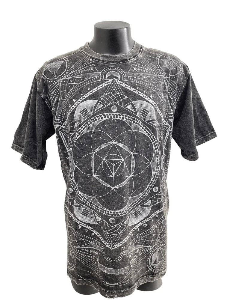 Black stone wash unisex cotton t-shirt with sacred geometry graphic print design on front