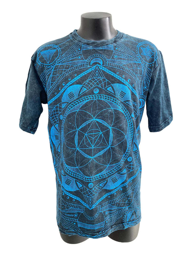 Blue stone wash unisex cotton t-shirt with sacred geometry graphic print design on front