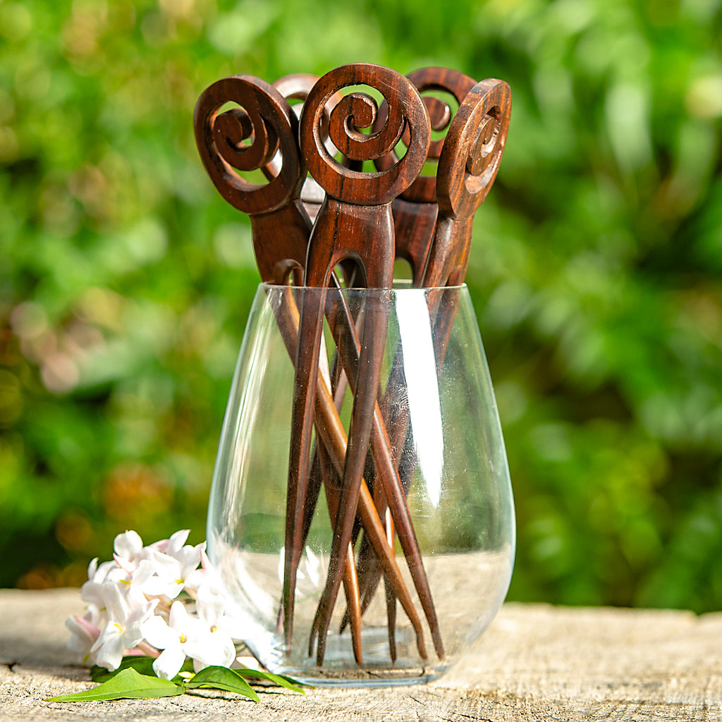 hand made wooden double prong hair stick with spiral carved at end