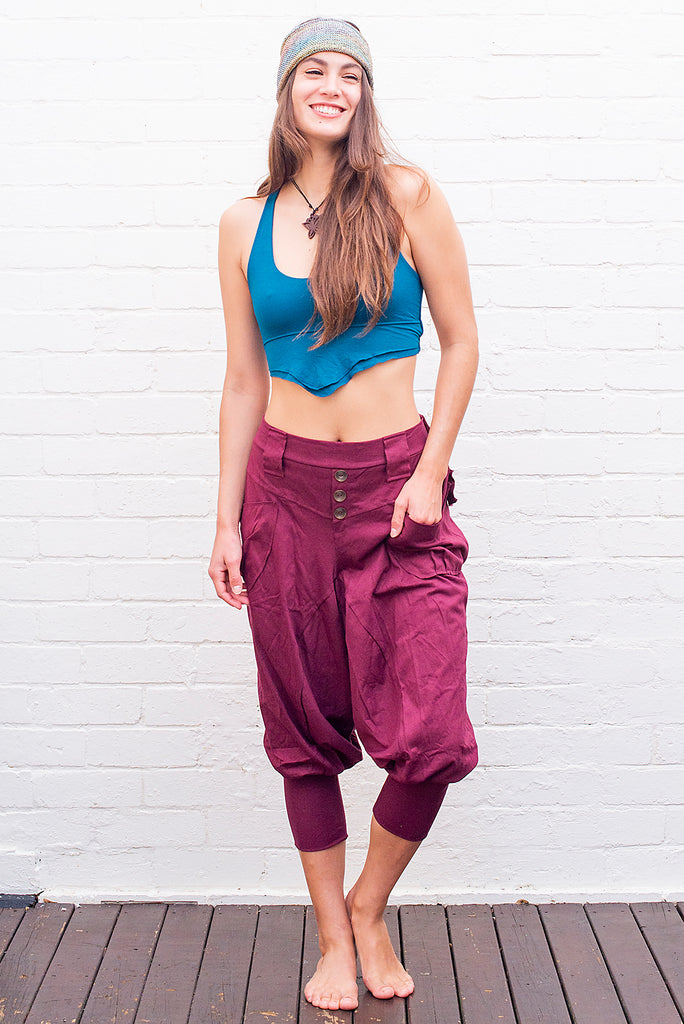 Three button drop-crotch unisex pants maroon front