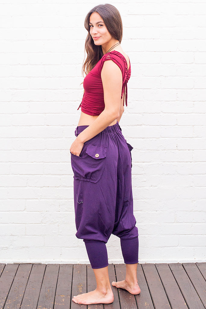 Three button drop-crotch unisex pants purple side
