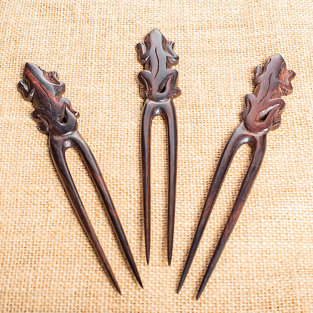 wooden double pronged hair stick with hand carved lizard at end