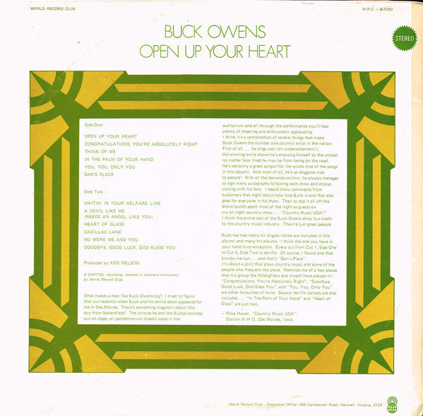Buck Owens And His Buckaroos : Open Up Your Heart (LP, Album, Club)