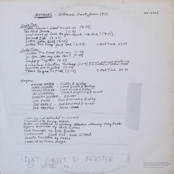 The Mothers : Fillmore East - June 1971 (LP, Album, RE)