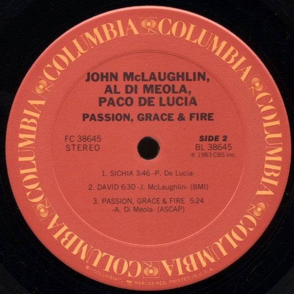 John McLaughlin, Al Di Meola, Paco De Lucía : Passion, Grace & Fire (LP, Album, Car)