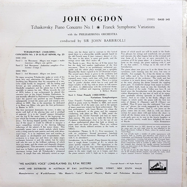 Pyotr Ilyich Tchaikovsky / César Franck - John Ogdon With Philharmonia Orchestra Conducted By Sir John Barbirolli : Piano Concerto No. 1 / Symphonic Variations (LP, RE)