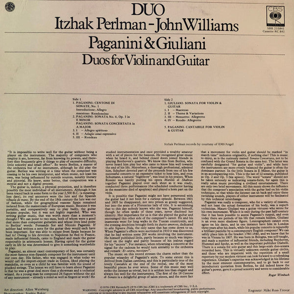 Itzhak Perlman & John Williams (7) - Niccolò Paganini & Mauro Giuliani (2) : Duo (LP, Album)