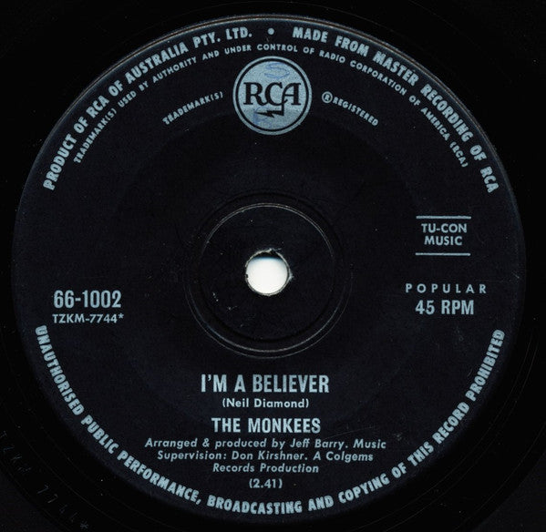 The Monkees : I'm A Believer  (7", Single, Sol)