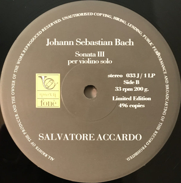 Salvatore Accardo, Johann Sebastian Bach : Partita III  Sonata III, per violino solo (LP, Album, Ltd, 200)