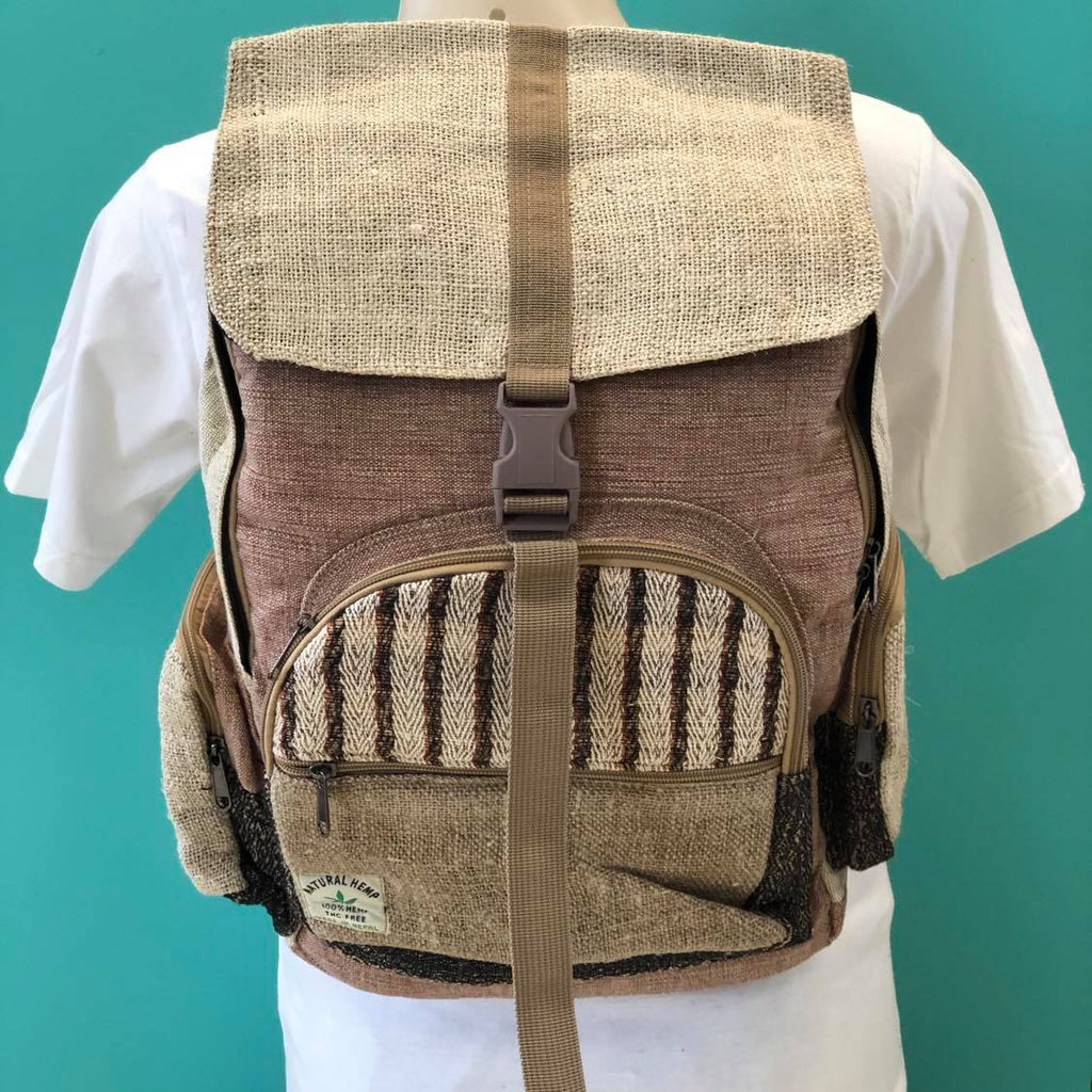 A hemp and cotton backpack in brown colour with several pockets