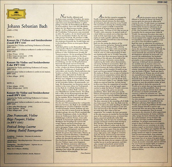 Johann Sebastian Bach - Zino Francescatti • Régis Pasquier • Festival Strings Lucerne • Rudolf Baumgartner : Die Violinkonzerte • The Violin Concertos (LP, Album)