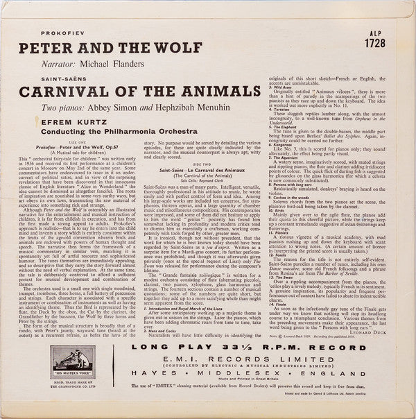 Sergei Prokofiev, Camille Saint-Saëns - Efrem Kurtz Conducting The Philharmonia Orchestra : Peter And The Wolf / Carnival Of The Animals (LP, Mono)