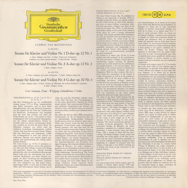 Ludwig Van Beethoven, Carl Seemann ∙ Wolfgang Schneiderhan : Violinsonaten D-Dur Op. 12 Nr. 1 ∙ A-Dur Op. 12 Nr. 2 ∙ G-Dur Op. 30 Nr. 3 (LP, RP)