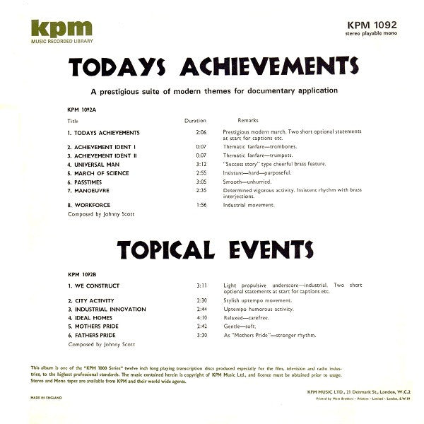 Johnny Scott* : Todays Achievements / Topical Events (LP)