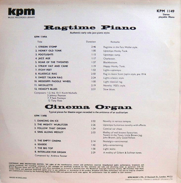 Various : Ragtime Piano / Cinema Organ (LP, Lib)