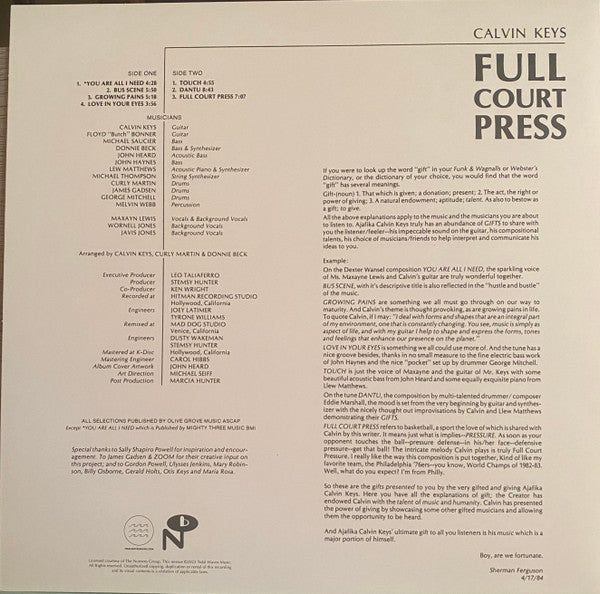 Calvin Keys : Full Court Press (LP, Album, RSD, Ltd, RE, 180)