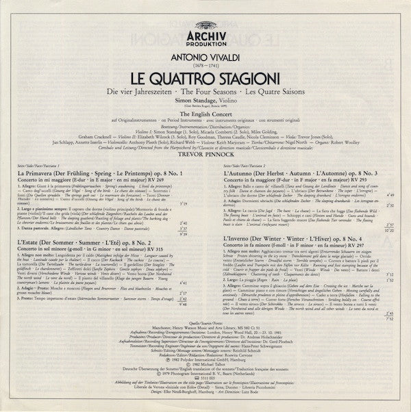 Antonio Vivaldi, The English Concert*, Simon Standage, Trevor Pinnock : Le Quattro Stagioni (LP, Album)