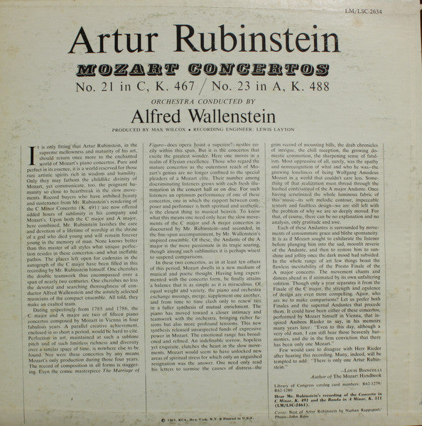 Arthur Rubinstein, Wolfgang Amadeus Mozart, Alfred Wallenstein : Mozart Concertos 21 And 23 (LP, RP)