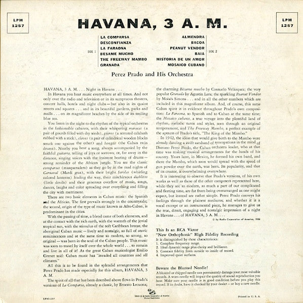 Perez Prado And His Orchestra : Havana, 3 A.M. (LP, Album, Mono)