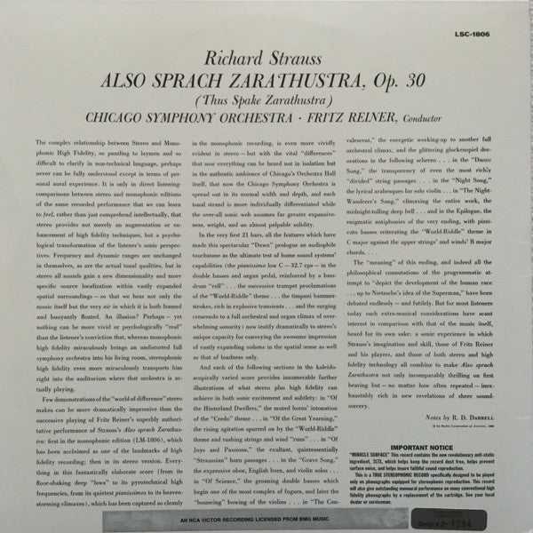 Richard Strauss, Fritz Reiner / The Chicago Symphony Orchestra : Also Sprach Zarathustra, Op. 30 (LP, Album, RE, 200)