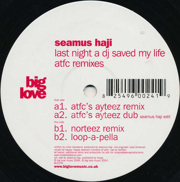 Seamus Haji : Last Night A DJ Saved My Life (ATFC Remixes) (12")