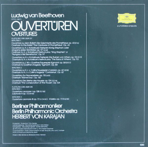 Ludwig van Beethoven, Berliner Philharmoniker, Herbert von Karajan : Ouvertüren (2xLP, Album, RE, Gat)