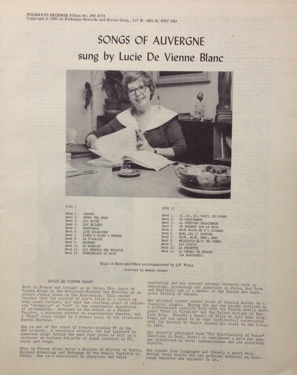 Lucie De Vienne Blanc : Songs Of The Auvergne (LP, Album)