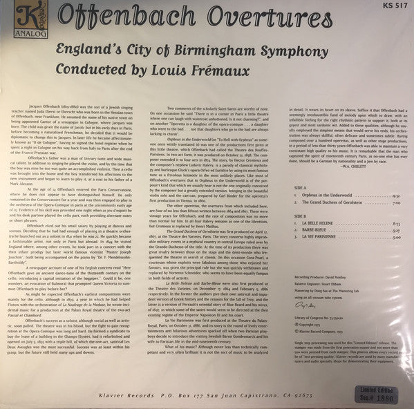 Jacques Offenbach With City Of Birmingham Symphony Orchestra Conducted By Louis Frémaux : Offenbach Overtures (LP, Ltd, Num, RM, 180)