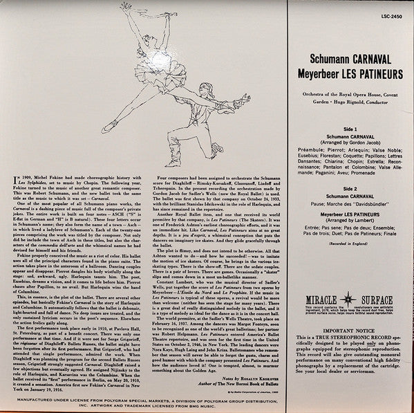 Robert Schumann, Giacomo Meyerbeer, Orchestra Of The Royal Opera House, Covent Garden, Hugo Rignold : Carnaval, Les Patineurs (LP, RE)