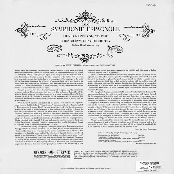 Édouard Lalo, Henryk Szeryng, The Chicago Symphony Orchestra, Walter Hendl : Symphonie Espagnole (LP, Num, RE, 180)