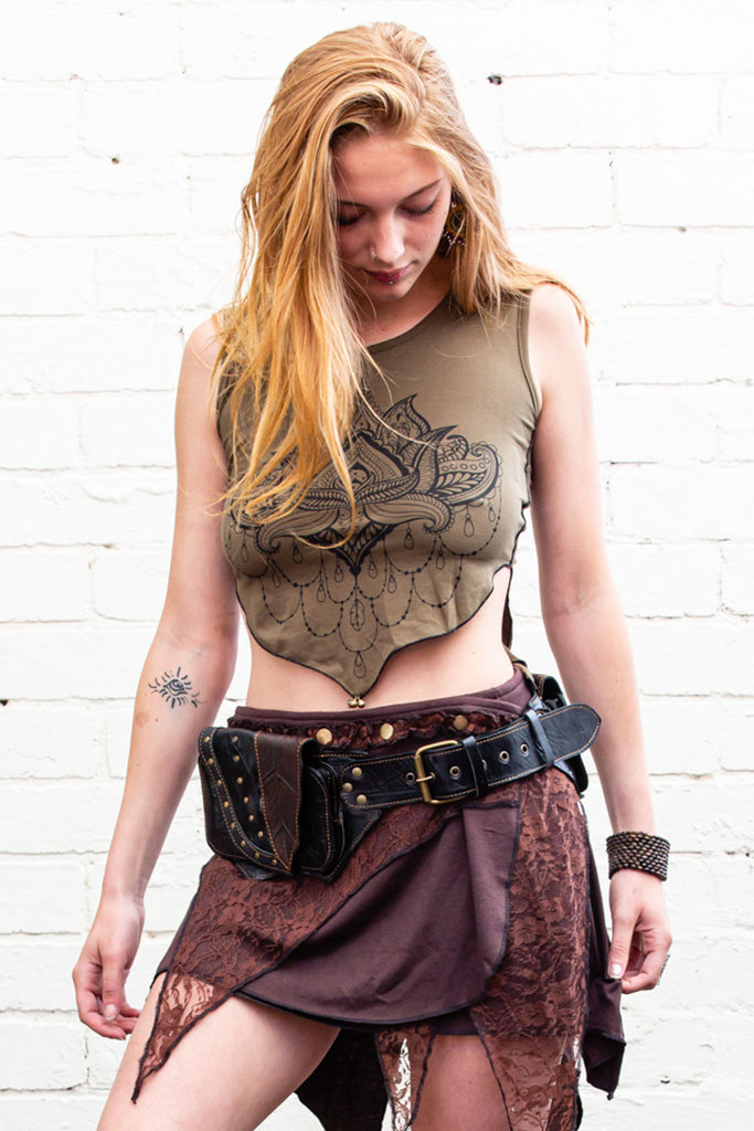 Army green butterfly mandala artwork crop top front