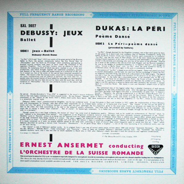 Paul Dukas - Claude Debussy - Maurice Ravel, Ernest Ansermet, L'Orchestre De La Suisse Romande : La Peri - Jeux - Danse (LP, RE, 180)