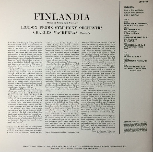 The London Proms Symphony Orchestra, Sir Charles Mackerras : Finlandia - Music Of Grieg And Sibelius (LP, RE, RM, 180)