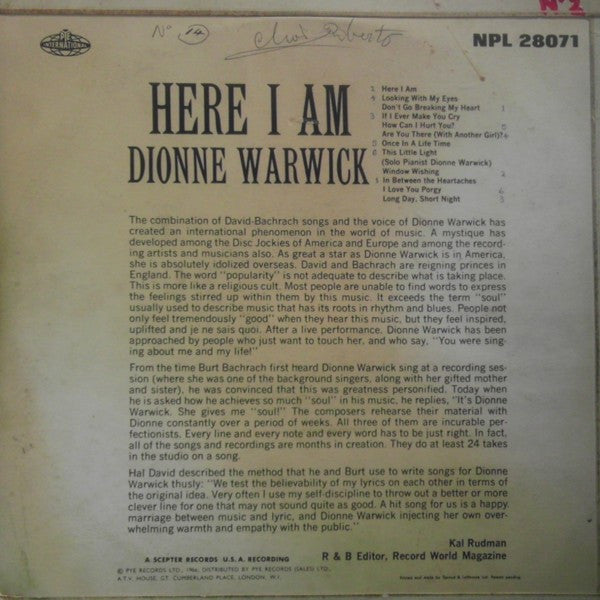 Dionne Warwick : Here I Am (LP, Album, Mono)