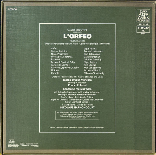 Claudio Monteverdi - Capella Antiqua München, Concentus Musicus Wien, Nikolaus Harnoncourt : L'Orfeo, Favola In Musica (3xLP, Album, RE + Box)