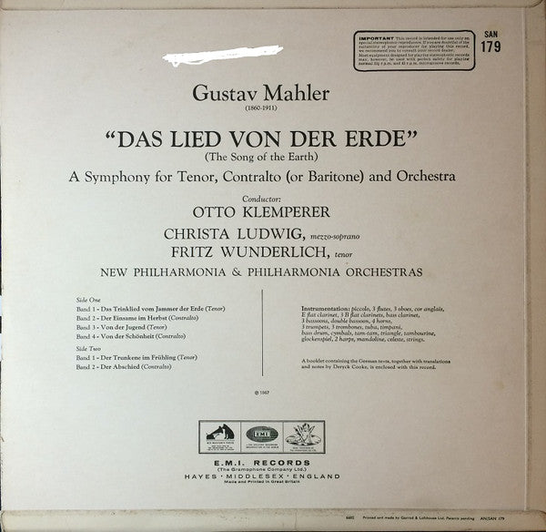 Mahler*, Otto Klemperer, Christa Ludwig, Fritz Wunderlich, New Philharmonia* & Philharmonia Orchestra : Das Lied Von Der Erde - The Song Of The Earth (LP)