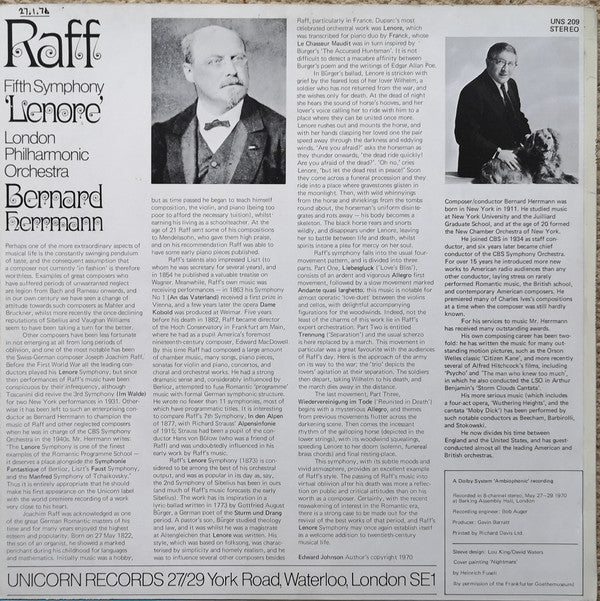 Joachim Raff* / London Philharmonic Orchestra / Bernard Herrmann : Fifth Symphony "Lenore" (LP)