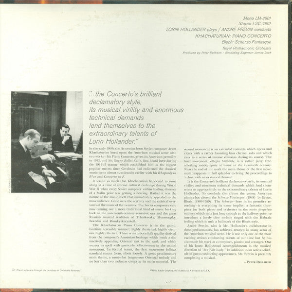 Aram Khatchaturian, Ernest Bloch - Lorin Hollander | André Previn, The Royal Philharmonic Orchestra : Piano Concerto / Scherzo Fantasque (LP, Album, RE)