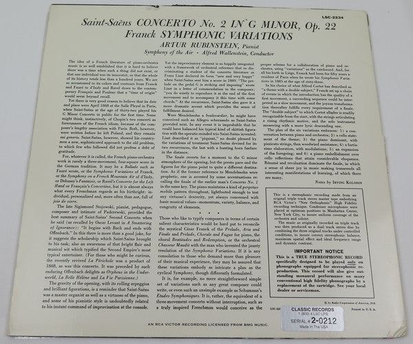 Arthur Rubinstein - Camille Saint-Saëns - César Franck : Saint-Saëns: Concerto No.2 - Franck: Symphonic Variations (LP, Ltd, Num, RE, 180)