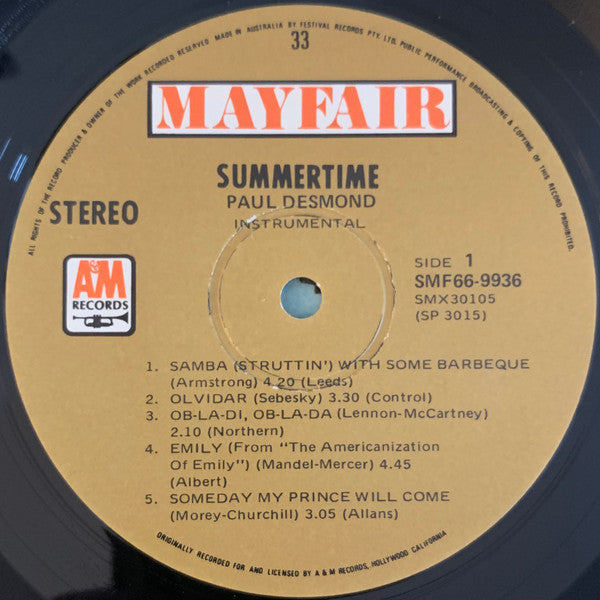 Paul Desmond : Summertime (LP, Album)