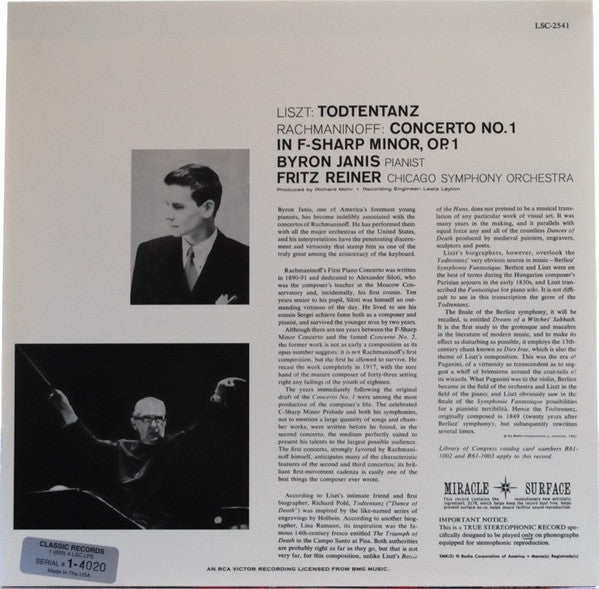 Byron Janis, Fritz Reiner, The Chicago Symphony Orchestra, Franz Liszt / Sergei Vasilyevich Rachmaninoff : Todtentanz / Concerto No. 1 (LP, Num, RE, RM, 180)